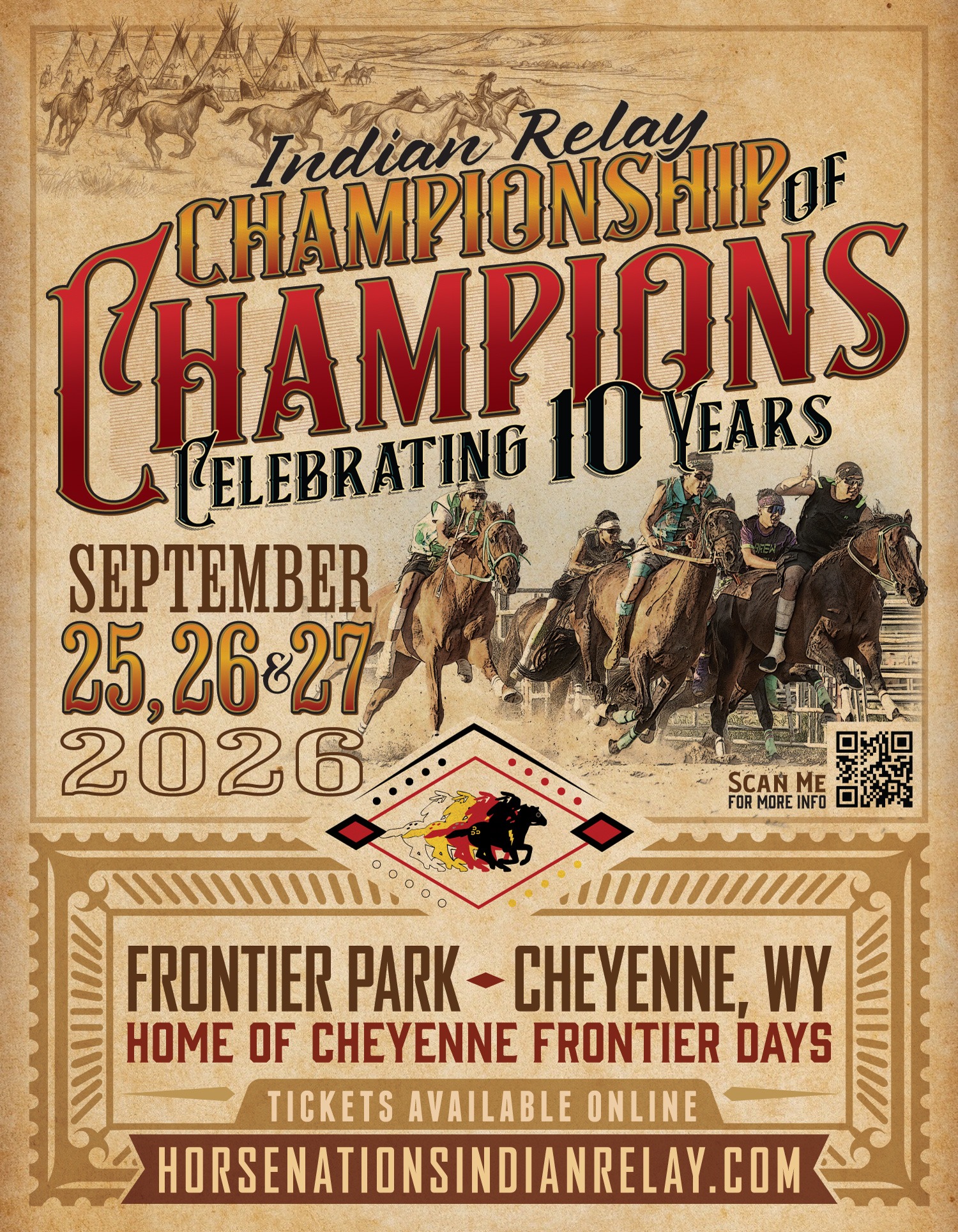 Poster promoting Horse Nations Indian Relay Championship of Champions in Cheyenne, Wyoming